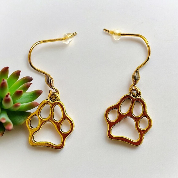 Hand Crafted Jewelry - Dog paw gold plated hook dangle earrings neutral plain women’s pet puppy